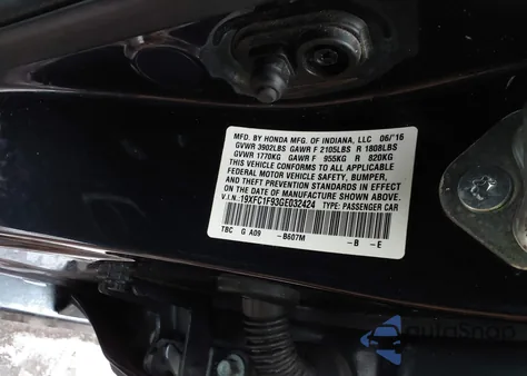 2016 Honda Civic Touring из США, поврежденный, VIN 19XFC1F93GE032424